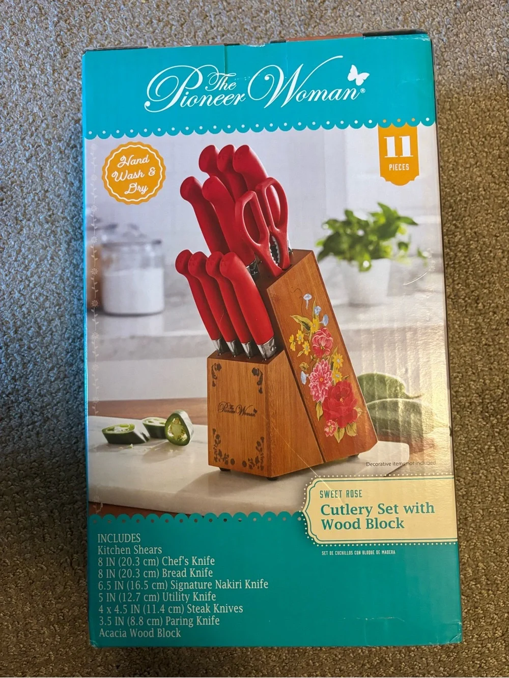 The Pioneer Woman Red Sweet Rose Knife Set with Floral Wood Block